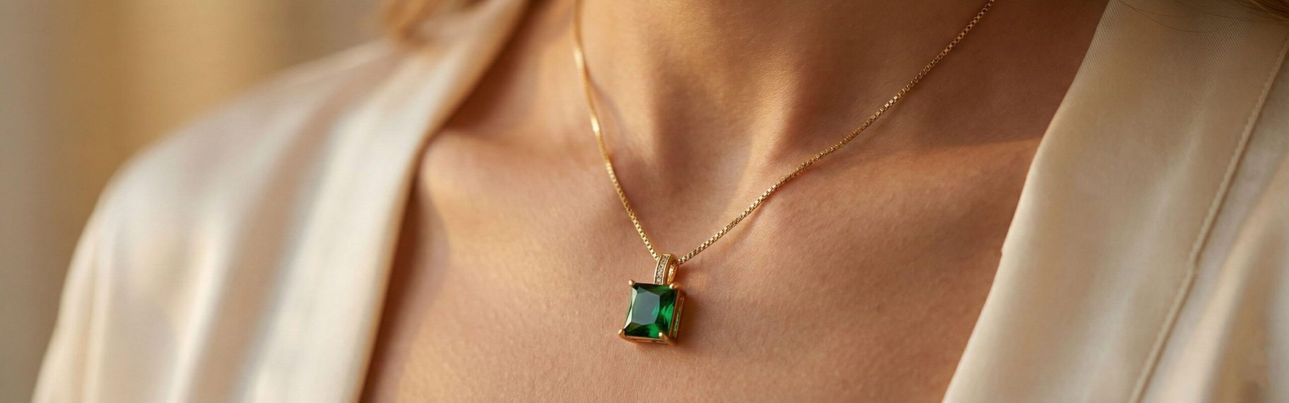 Closeup of a model wearing the 18k gold-filled emerald green square pendant necklace