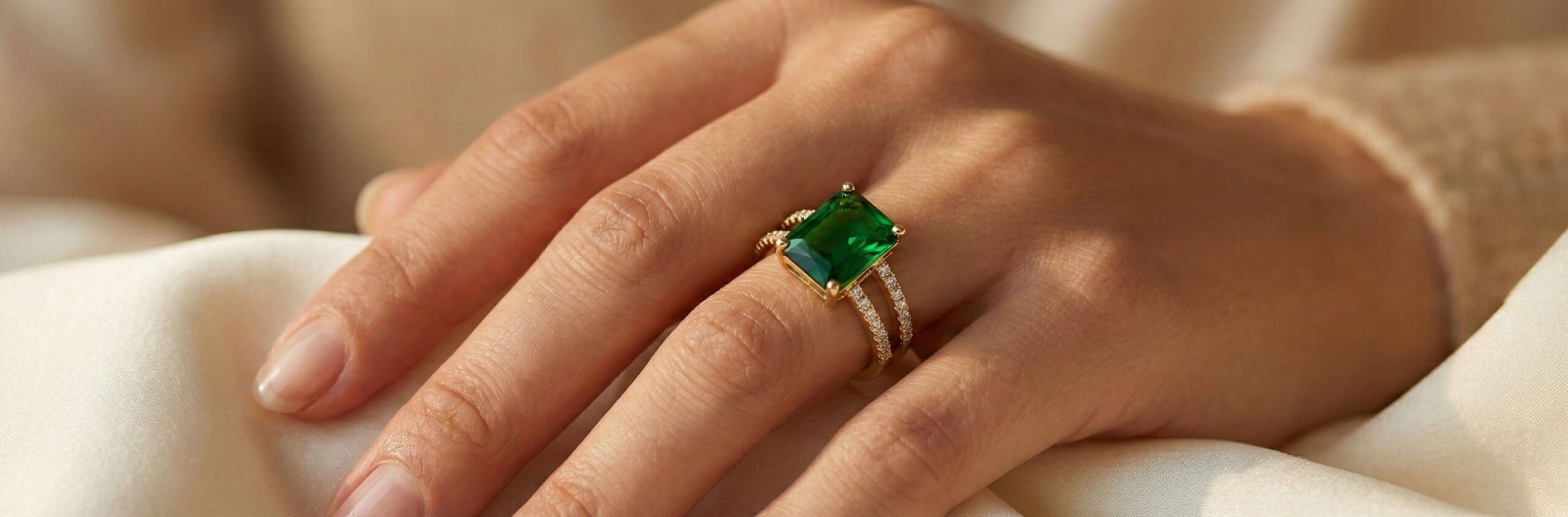 Emerald Green rings 18k gold-filled ring on a model hands, closeup shot